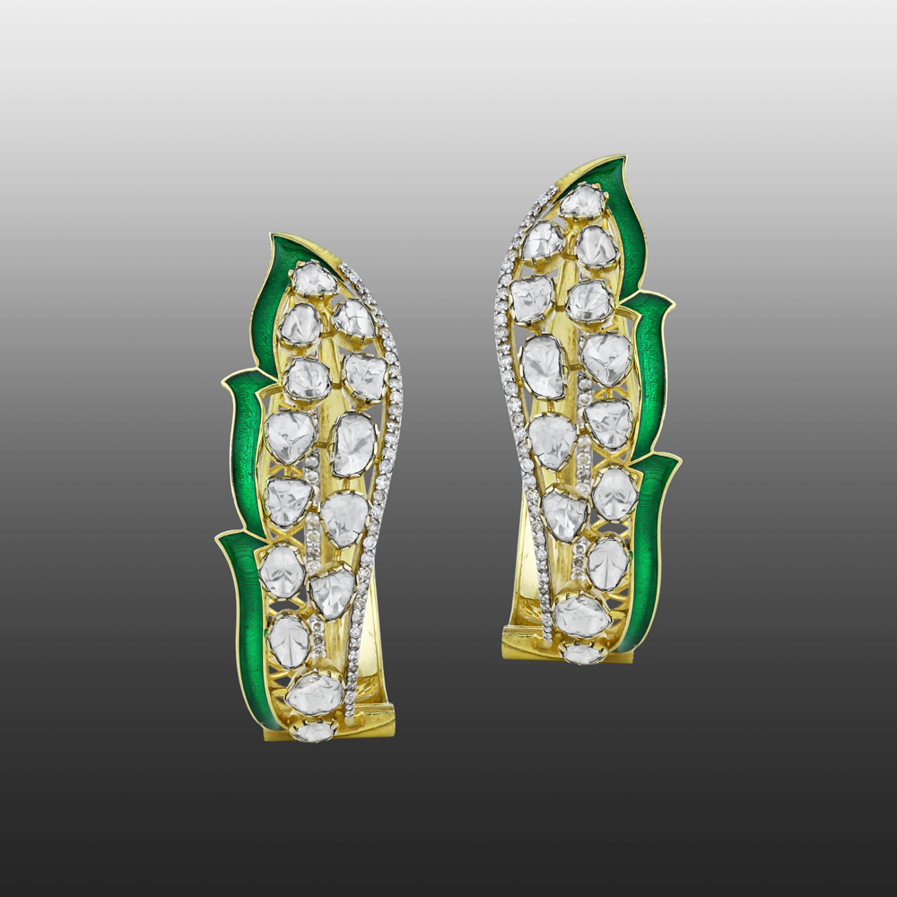 Leaf-Inspired Polki Earrings with Green Enamel